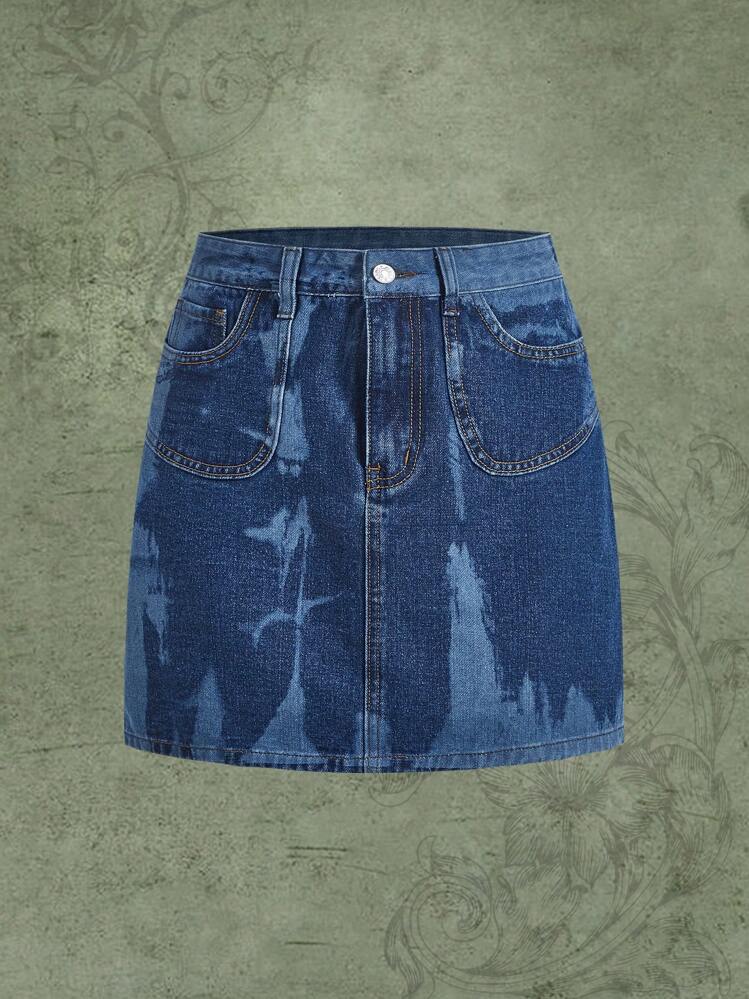 ROMWE Fairycore Slant Pocket Denim Skirt - Dark Wash - View 1