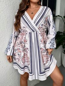 SHEIN LUNE Plus Paisley Print Lantern Sleeve Overlap Collar Dress - Multicolor - View 3