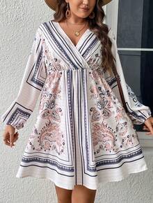 SHEIN LUNE Plus Paisley Print Lantern Sleeve Overlap Collar Dress - Multicolor - View 4