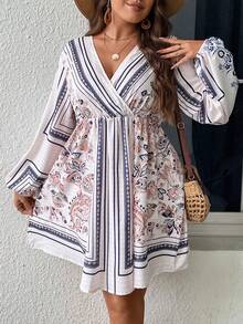 SHEIN LUNE Plus Paisley Print Lantern Sleeve Overlap Collar Dress - Multicolor - View 5