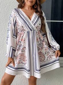 SHEIN LUNE Plus Paisley Print Lantern Sleeve Overlap Collar Dress - Multicolor - View 6