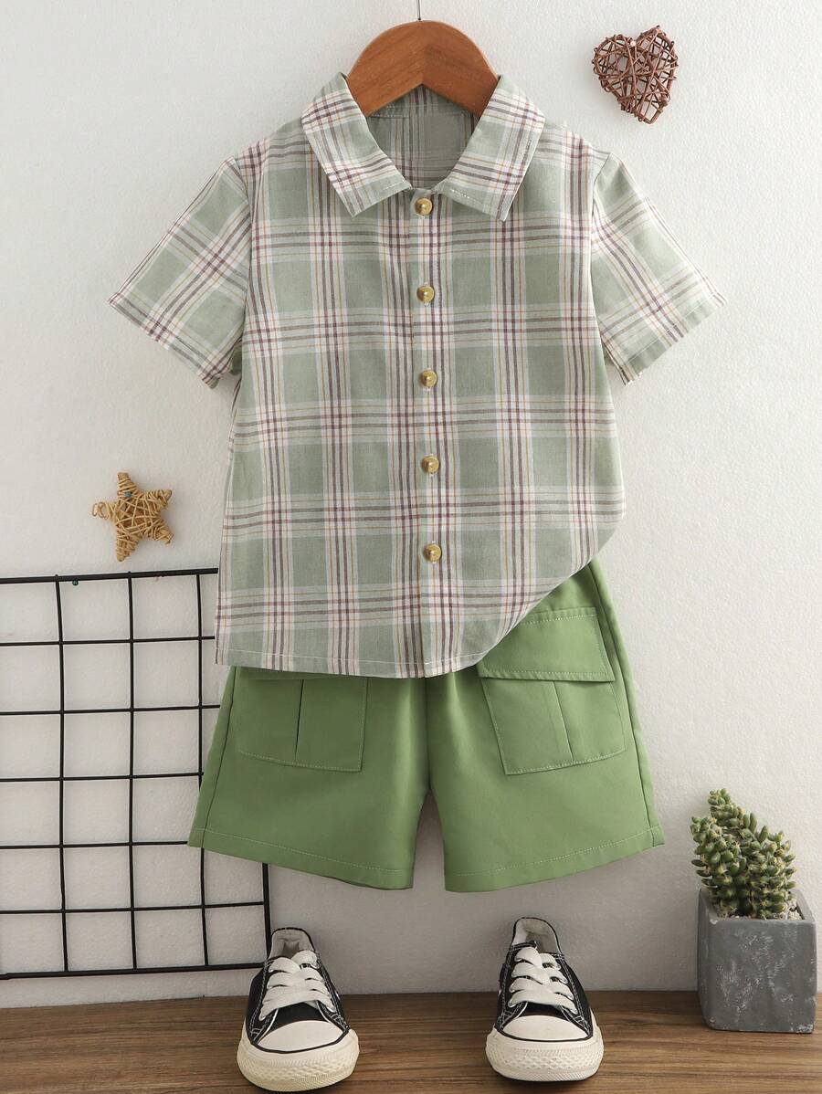 SHEIN 小男童格紋印花襯衫和翻蓋口袋短褲