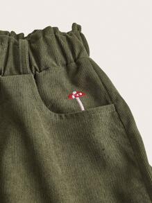 ROMWE Fairycore 蘑菇刺繡紙袋腰短褲 - 軍綠色 - 查看 4