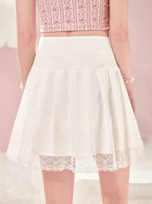 ROMWE Kawaii Lace Up Contrast Lace Pleated Skirt - White - View 2