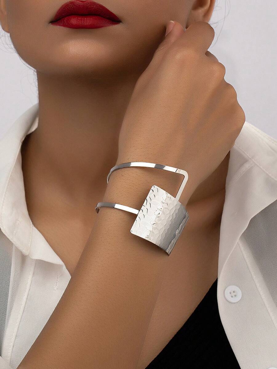 1入組時尚幾何裝飾開口手鐲適合女士日常裝飾 - 銀色 - 查看 1