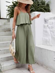 SHEIN VCAY Solid Pleated Cami Jumpsuit - Green - View 4