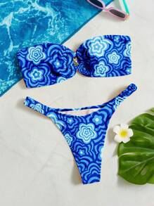 Swim Mod Summer Beach Floral Print Ring Linked Bandeau Bikini Set - Blue - View 3