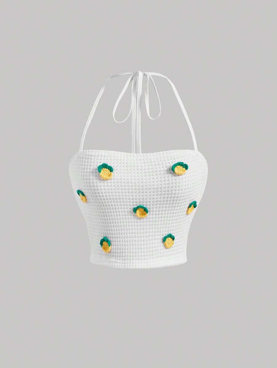 SHEIN MOD 貼花細節後背繫帶掛脖上衣 - 白色 - 查看 1