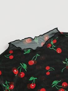 SHEIN MOD Cherry Print Lettuce Trim Mesh Top - Multicolor - View 3