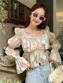 Allover Floral Ruffle Trim Virago Sleeve Blouse - Multicolor - View 1