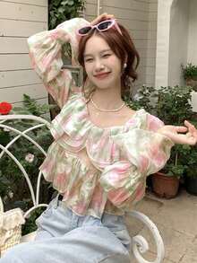 Allover Floral Ruffle Trim Virago Sleeve Blouse - Multicolor - View 4