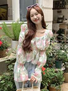 Allover Floral Ruffle Trim Virago Sleeve Blouse - Multicolor - View 5