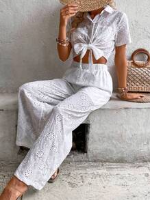SHEIN VCAY 網眼刺繡前打結短款襯衫和褲子 - 白色 - 查看 1
