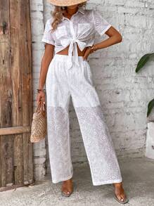 SHEIN VCAY 網眼刺繡前打結短款襯衫和褲子 - 白色 - 查看 4