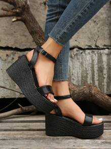 女性極簡風格踝帶坡跟人造皮革優雅涼鞋黑色 - 黑色 - 查看 2