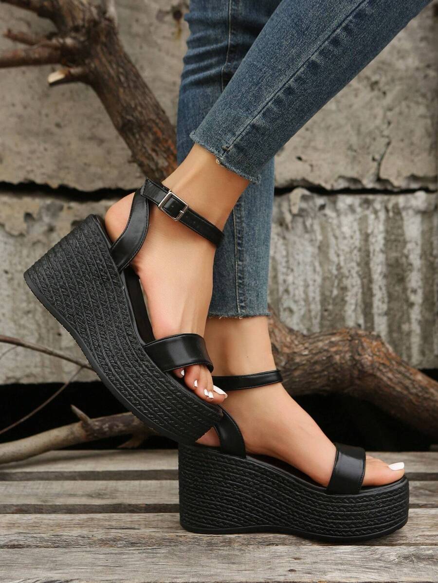 女性極簡風格踝帶坡跟人造皮革優雅涼鞋黑色