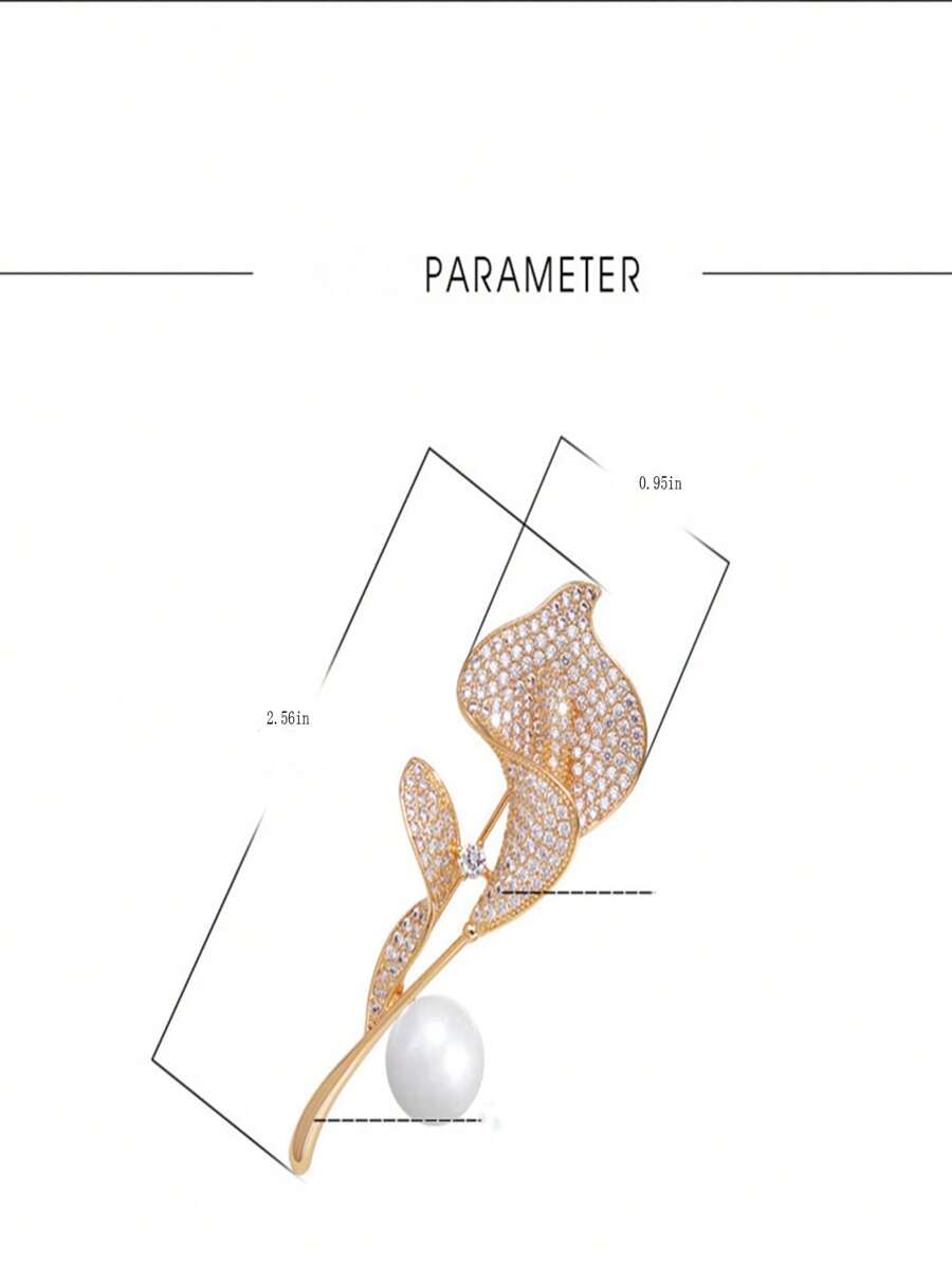 1入組魅力四射鋅合金人造珍珠裝飾水鑽花朵設計胸針適合女士適合派對 - 金黃色 - 查看 1