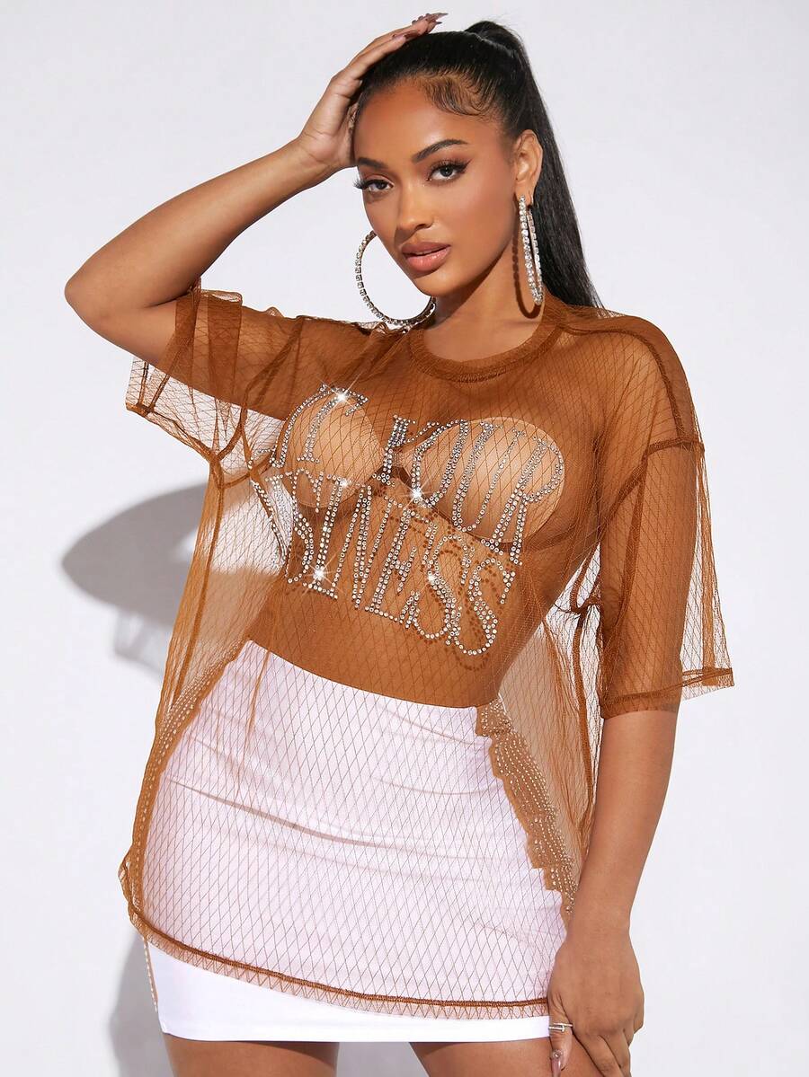 SHEIN SXY 水鑽細節落肩袖網紗上衣不附文胸 - 鏽棕色 - 查看 1