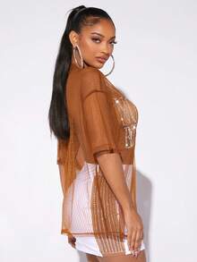 SHEIN SXY 水鑽細節落肩袖網紗上衣不附文胸 - 鏽棕色 - 查看 3