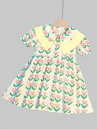 青少年女孩印花彼得潘領泡泡袖洋裝