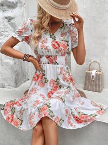 SHEIN VCAY Vestido con estampado floral de manga farol bajo con fruncido - Blanco - Ver 1