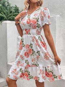 SHEIN VCAY Vestido con estampado floral de manga farol bajo con fruncido - Blanco - Ver 5