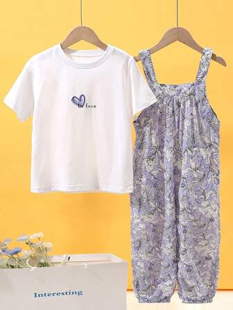 Chicas adolescentes con estampado de corazón y letra Camiseta & Mono overol