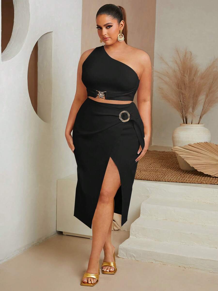 SHEIN SXY 大碼單肩短款上衣和圍裹下擺半身裙 - 黑色 - 查看 1