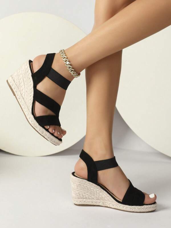 Women Minimalist Espadrille Wedge Sandals, Faux Suede Ankle Strap