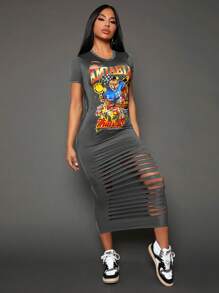 SHEIN SXY Vestido ajustado con estampado de animal & letra desgarro - Gris Oscuro - Ver 4