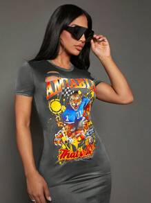 SHEIN SXY Vestido ajustado con estampado de animal & letra desgarro - Gris Oscuro - Ver 5