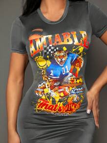 SHEIN SXY Vestido ajustado con estampado de animal & letra desgarro - Gris Oscuro - Ver 6