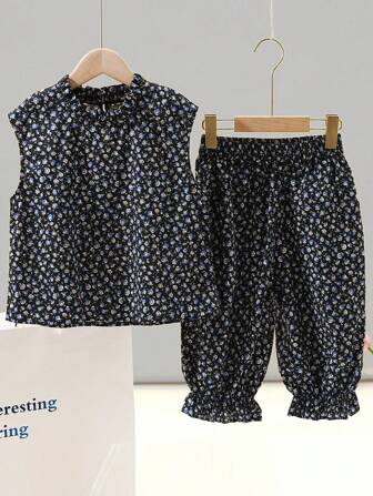 Chicas adolescentes Top tank con estampado floral ribete con fruncido con pantalones