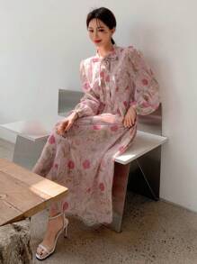 DAZY Vestido De Manga De Farol Con Estampado Floral Y Cuello De Lazo - Multicolor - Ver 6