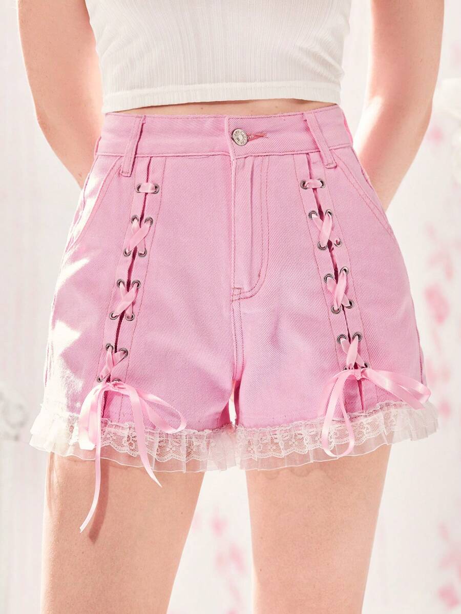 ROMWE 繫帶蕾絲拼接牛仔短褲 - 粉色 - 查看 1