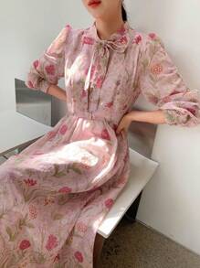 DAZY Vestido De Manga De Farol Con Estampado Floral Y Cuello De Lazo - Multicolor - Ver 4