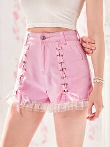 ROMWE 繫帶蕾絲拼接牛仔短褲 - 粉色 - 查看 3