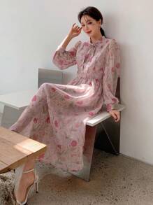 DAZY Vestido De Manga De Farol Con Estampado Floral Y Cuello De Lazo - Multicolor - Ver 5