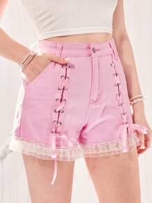 ROMWE 繫帶蕾絲拼接牛仔短褲 - 粉色 - 查看 4