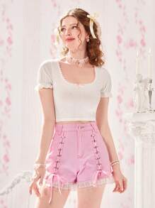 ROMWE 繫帶蕾絲拼接牛仔短褲 - 粉色 - 查看 5