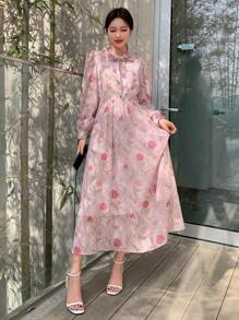 DAZY Vestido De Manga De Farol Con Estampado Floral Y Cuello De Lazo - Multicolor - Ver 7