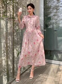 DAZY Vestido De Manga De Farol Con Estampado Floral Y Cuello De Lazo - Multicolor - Ver 8