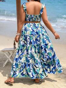 SHEIN Holidaya Bộ thời trang Plus Size Xù Viên lá sen Dải chun Tất cả trên in Nhiệt đới Boho - Nhiều màu - Xem 2