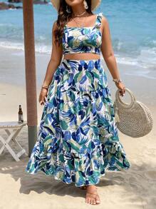 SHEIN Holidaya Bộ thời trang Plus Size Xù Viên lá sen Dải chun Tất cả trên in Nhiệt đới Boho - Nhiều màu - Xem 3