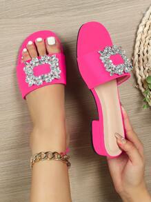 Sandali infradito da donna con decorazioni di strass, ciabatte con cinturino e tacco largo, outfit primaverili ed estivi - Fucsia - Visualizzare 4