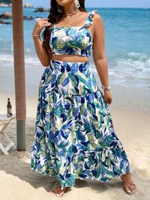 SHEIN Holidaya Bộ thời trang Plus Size Xù Viên lá sen Dải chun Tất cả trên in Nhiệt đới Boho - Nhiều màu - Xem 4