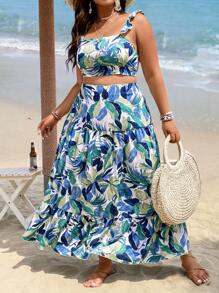 SHEIN Holidaya Bộ thời trang Plus Size Xù Viên lá sen Dải chun Tất cả trên in Nhiệt đới Boho - Nhiều màu - Xem 6