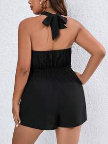 SHEIN LUNE Plus Solid Halter Neck Backless Romper - Black - View 2