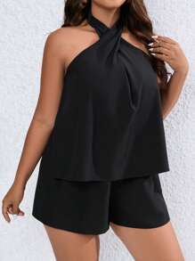 SHEIN LUNE Plus Solid Halter Neck Backless Romper - Black - View 1
