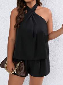 SHEIN LUNE Plus Solid Halter Neck Backless Romper - Black - View 6